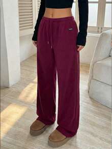 CovetEZ 女士抽绳腰双面抓绒休闲百搭通勤阔腿裤 - 酒紅色 - 查看 6