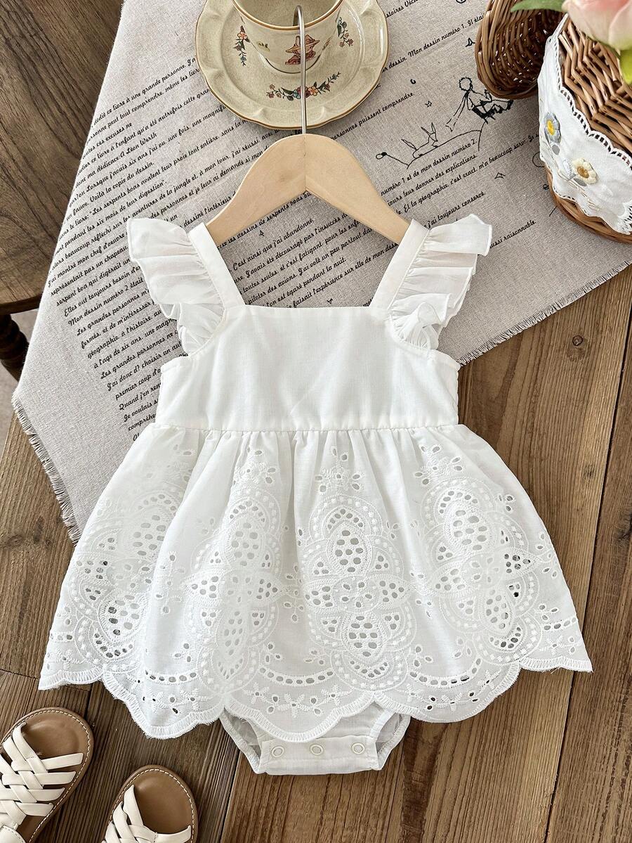 SHEIN LMoss Kids 少女纯色方领荷叶边连体衣 - 白色 - 查看 1