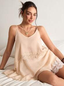 Freevana 波西米亚风V领吊带蕾丝拼接宽松雪纺上衣，轻盈飘逸，休闲百搭，杏色 - 杏色 - 查看 6