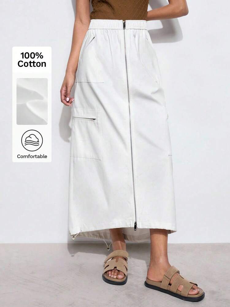 SHEIN Maija 2025 Summer New Metal Double-Zipper Cargo Skirt, Outdoor Mountain Series, White Twill, Beach Resort, Casual, Romantic Urban, Natural Fiber, Suitable For Outings, Gatherings, Weddings, Guests, Vintage Style, Graduation Season