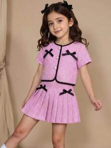 Elladie kids 女童两件套：格子印花圆领短袖外套，饰有珍珠纽扣和蝴蝶结，搭配粉色百褶裙，适合派对、聚会、生日、公主风、夏季等场合。 - 粉色 - 查看 3