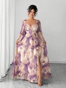 SHEIN Elenzya 大码女式优雅复古水墨扎染印花雪纺双层胸罩杯长袖连衣裙 - 紫色 - 查看 3