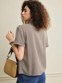 Écloséra 女士休闲荷叶边格子短袖衬衫，夏季 - 杏色 - 查看 6