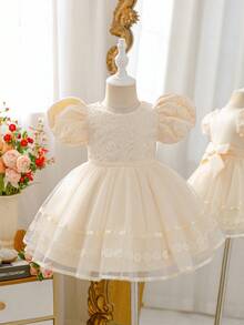 Glamorique Kids 1件女婴蕾丝刺绣泡泡袖薄纱裙缎带公主裙，优雅适合洗礼、生日派对及四季穿着 - 香檳色 - 查看 1
