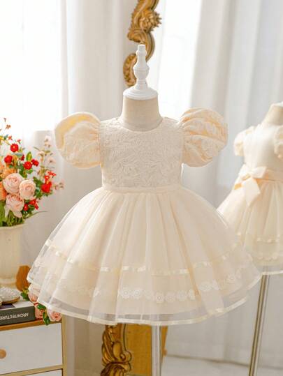 Glamorique Kids 1件婴儿/女童蕾丝刺绣泡泡袖薄纱裙缎带公主裙，优雅适合洗礼、生日派对及四季穿着