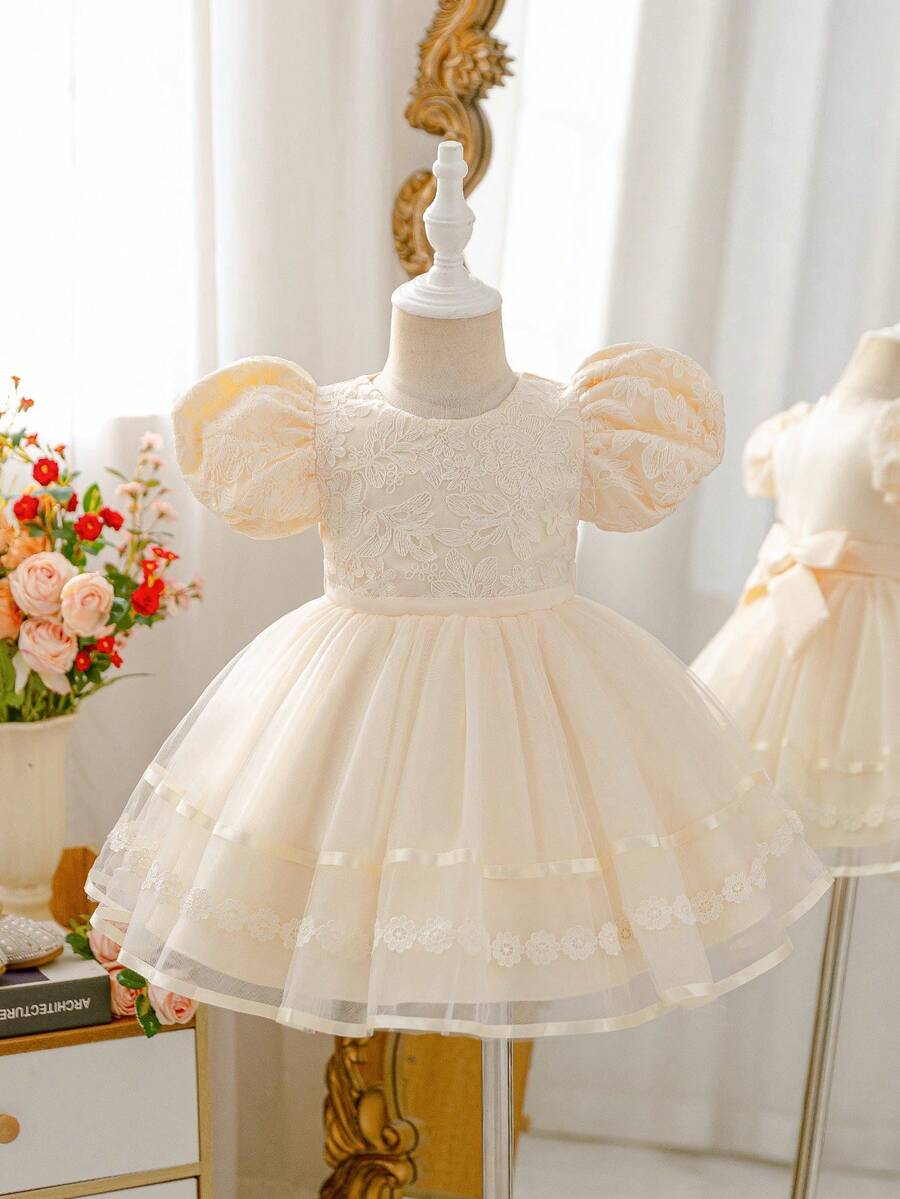 Glamorique Kids 1件女婴蕾丝刺绣泡泡袖薄纱裙缎带公主裙，优雅适合洗礼、生日派对及四季穿着 - 香檳色 - 查看 1