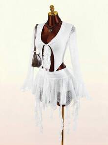 Amplova 2026新款蕾丝前开衩性感女式上衣，流苏下摆A字低腰裙，女士两件套 - 白色 - 查看 2