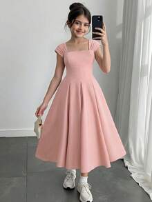 Tween Girl Elegant Sleeveless Wide Strap Waist Pleated Flare Dress, Christmas/New Year Party Dress, Girls Formal Dress - Pink - View 6
