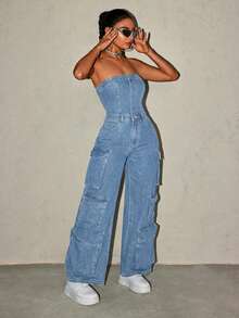 SHEIN ICON Women's Summer Casual Flap Pocket Denim Jumpsuit - Blue - View 4