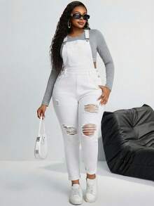 SHEIN SXY Plus Size Women Pocket Distressed Skinny Casual Bib Overall Jumpsuit - White - View 6
