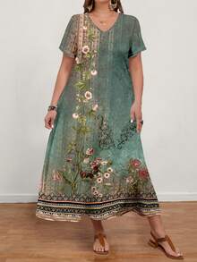 Mellowie Casual Retro Elegant Floral Print Plus Size Women's Minimalist V-Neck Short Sleeve Maxi Dress, Suitable For Summer Spring - Multicolor - View 7