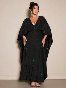 Allurite Plus Size Women's Elegant V-Neck Shawl Collar Velvet Mermaid Formal Dress - Black - View 8