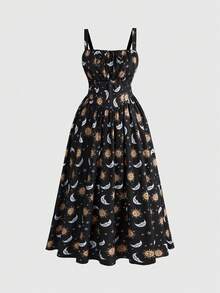 ROMWE Hippie Spring And Summer Fairycore Vintage Forest Style Sun, Moon & Star Print Plus Size Black Dress, Women Long Dress - Black - View 1