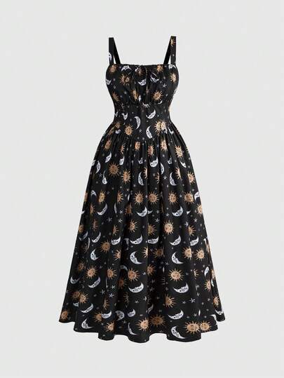 ROMWE Hippie Spring And Summer Fairycore Vintage Forest Style Sun, Moon & Star Print Plus Size Black Dress, Women Long Dress