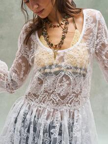 Bohemela 女士休闲纯色编织蕾丝长袖荷叶边迷你连衣裙 - 白色 - 查看 4