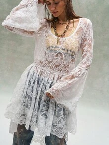 Bohemela 女士休闲纯色编织蕾丝长袖荷叶边迷你连衣裙 - 白色 - 查看 3