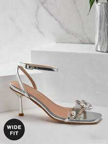 SHUZIA 女士宽楦花朵装饰细高跟日常派对性感沙滩优雅金属PU金色高跟凉鞋 - 銀色 - 查看 5