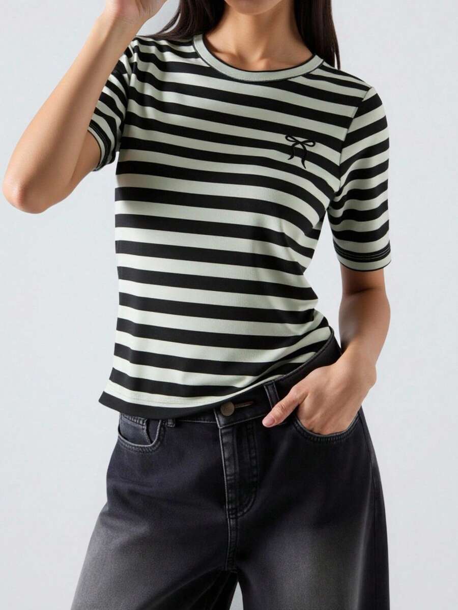 Rina Fox Women's Casual Everyday Striped Bow Embroidery Round Neck Short Sleeve T-Shirt, Summer - Multicolor - View 1