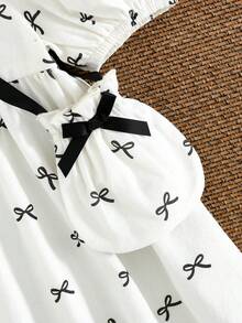 Cozy Pixies 2pcs/Set Baby Girl Bow Decor Round Neck Puff Sleeve Waist Tie Dress & Crossbody Bag,White And Black Summer Cute Family Matching Cotton Toddler Dress - Apricot - View 4