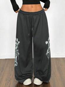 StreetHx 女士黑色朋克十字印花阔腿运动裤 - 深灰色 - 查看 3