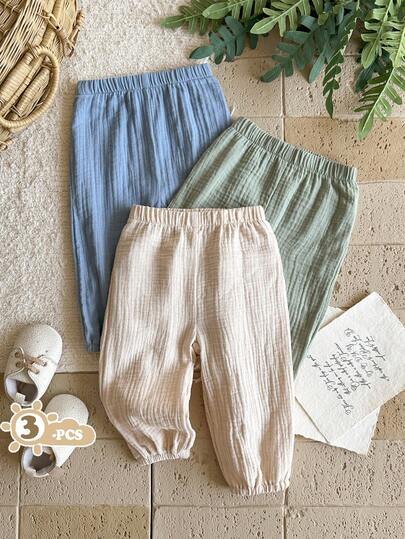 SHEIN Vintaside Kids 3件套幼儿男童休闲口袋松紧腰裤，纽扣装饰，百搭款式，适合春、夏、秋、冬四季日常穿着，也适合上学、旅行、运动等场合。