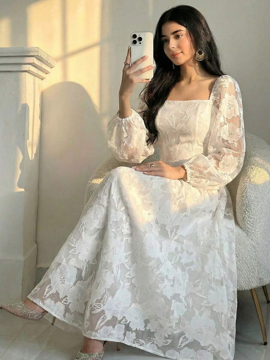 SHEIN 少女雪纺纹理透视网纱泡泡袖A字优雅连衣裙，春夏款 - 白色 - 查看 1