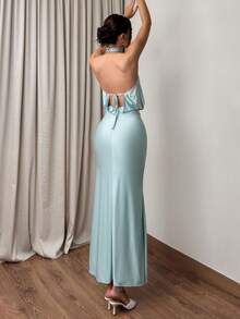 Firerie 女士优雅端庄弹力婚礼宾客礼服，修身露背褶皱长裙，闪亮面料 - 藍色 - 查看 8