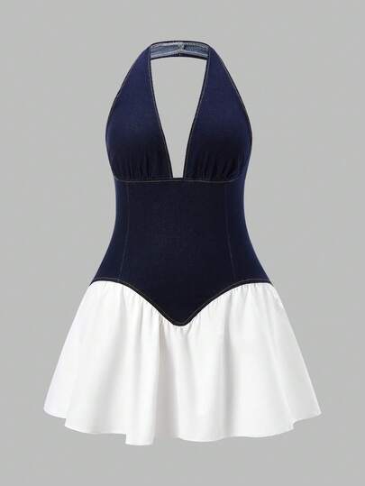 SHEIN MOD Plus Size Women's Contrast Color Ruffle Hem Halter Neck Denim Dress