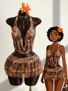 Zestiva 3pcs/Set Leopard Print Halter Beaded Top + Leopard Print Triangle Bikini Bottoms + Leopard Print Ruffle Hem Skirt, Hot Selling Beach Vacation Casual Outfit - Multicolor - View 1