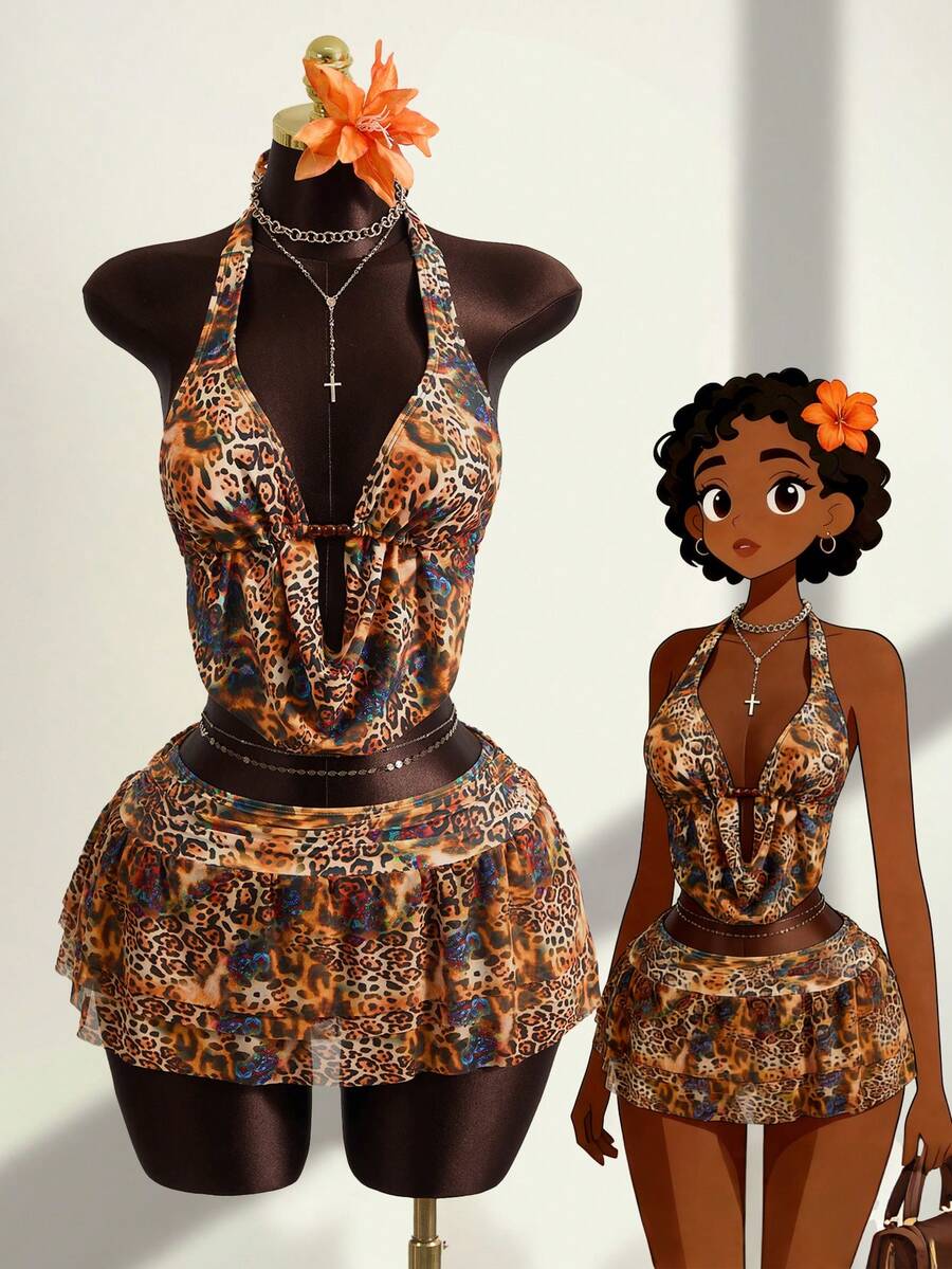 Zestiva 3pcs/Set Leopard Print Halter Beaded Top + Leopard Print Triangle Bikini Bottoms + Leopard Print Ruffle Hem Skirt, Hot Selling Beach Vacation Casual Outfit - Multicolor - View 1