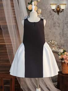 SHEIN Robe élégante à col rond, à volants et nœud pour jeunes filles - Noir et Blanc - Voir 7