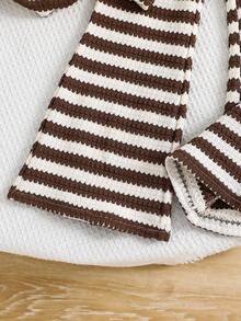 SHEIN 2pcs/Set Young Girl Knitted Striped Round Neck T-Shirt And Fitted Flare Pants Outfit - Mocha Brown - View 7