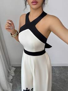 Rafferiza Women's Elegant French Style Black Patchwork Halter Backless Bowknot Tie Waist Long Printed Casual Jumpsuit, Spring/Summer - Apricot - View 4