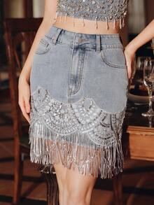 Anewsta Women's Romantic Sequins Sequin Tassel Elastic Bodycon Mini Skirt, Suitable For Valentine's Day Party, Blue - Blue - View 1