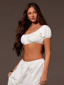 Athîral Women's Casual Off-Shoulder Short Sleeve Crop Top And Long Skirt 2 Piece Set, White, Spring/Summer - White - View 5