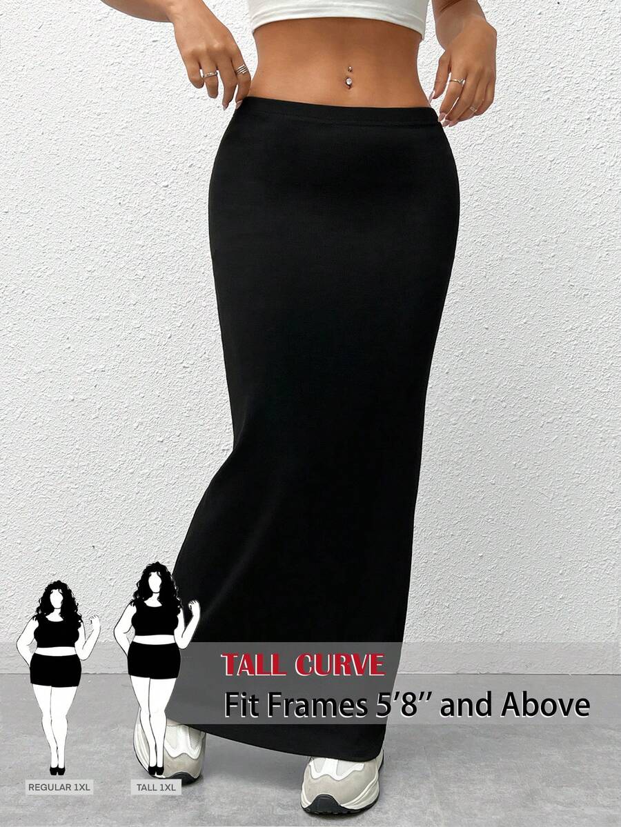SHEIN Tall CURVE Plus Size Women Casual Solid Color Long Skirt - Black - View 1