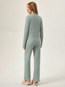 Loomlin 女士 Cuddle Weather 罗纹休闲套装 - 柔和淡紫色版，Stay Cozy 休闲套装 - 綠色 - 查看 2