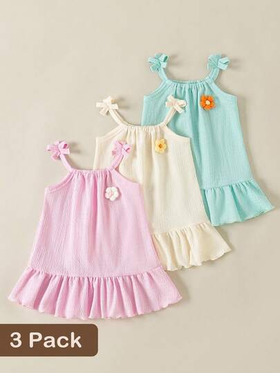SHEIN 3pcs/Set Girls' Summer Dresses, Bow Strap Solid Color & Striped Dress Set, Suitable For Casual Daily Wear, Girls-Exclusive Dresses