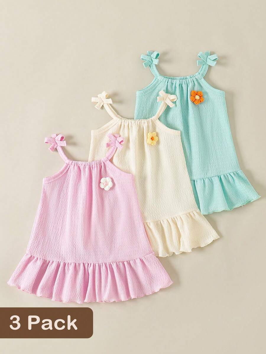 SHEIN 3件套女童夏季连衣裙,蝴蝶结吊带纯色条纹连衣裙套装,适合日常休闲穿着,女童专属连衣裙 - 彩色 - 查看 1