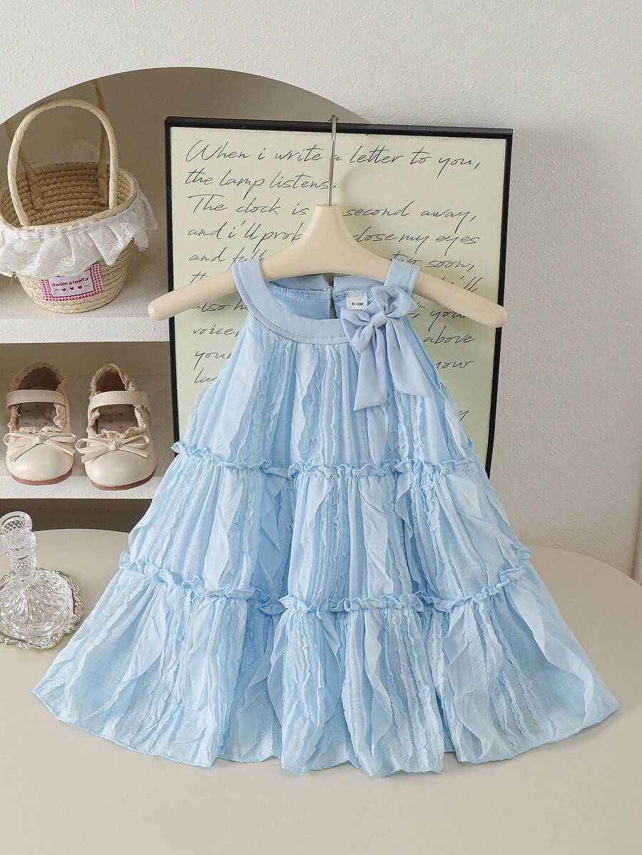 SHEIN 女婴春季无袖天蓝色A字连衣裙，饰有蝴蝶结，甜美公主风，圆领，适合日常穿着 - 藍色 - 查看 1