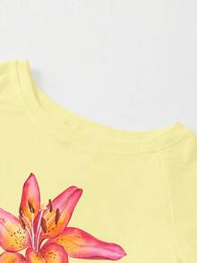 Sweetra Women's Summer Slim Fit Asymmetrical Shoulder T-Shirt, Hibiscus Floral Beach Basic Asymmetrical Shoulder Top - Yellow - View 3