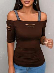 EMERY ROSE Áo thun nữ màu nâu cà phê trơn, chất liệu polyester, kiểu dáng thường ngày, không dây vai, tay lỡ, khoét eo, dài vừa phải. - Cà phê nâu - Xem 4