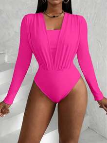 VaVaBold Women's Spring And Summer Pleated Chest 2 In 1 Long Sleeve Fashion Jumpsuit - Hot Pink - View 1