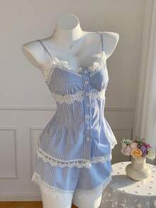 SHEIN EZwear Summer Holiday Outfits Blue Striped Woven Casual Women 2 Pieces Set - Blue and White - View 6