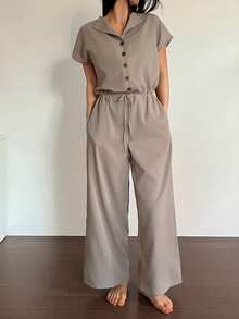 DAZY 女士极简半拉链收腰连体裤家居服 - 卡其色 - 查看 3