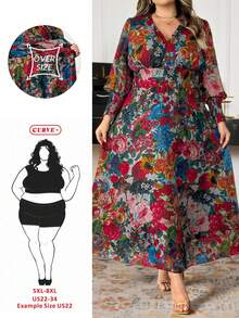 SHEIN CURVE+ New Luxury Elegant High-End Long Wrap Dress, Wide Hem, V-Neck, Long Sleeve - Multicolor - View 8