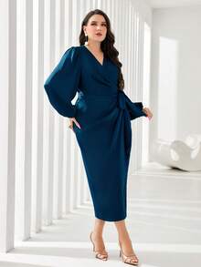 SHEIN CURVE+ Plus Size V-Neck Long Sleeve Allover Print Waist Tie Slim Fit Elegant Charming Long Evening Dress - Blue - View 7