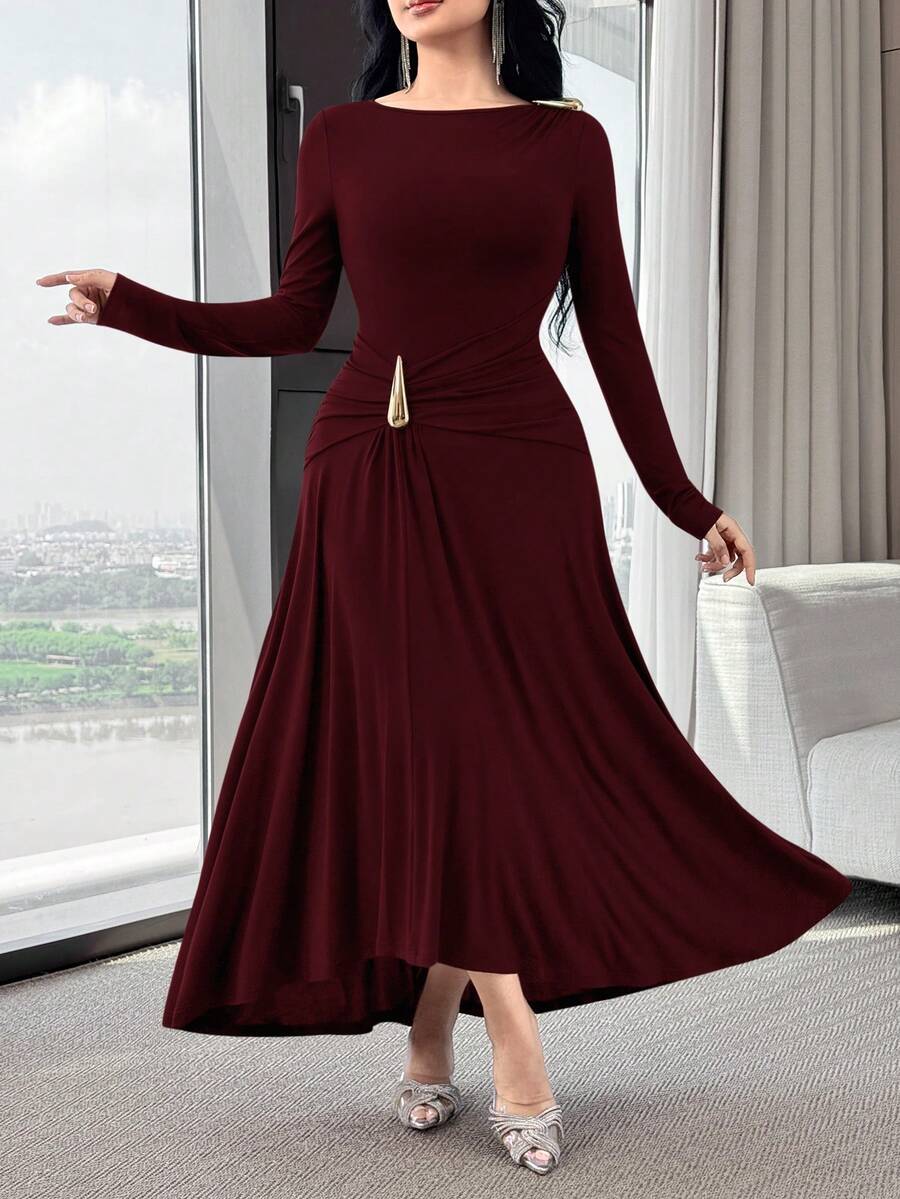 Modelyn 女士纯色船领长袖优雅中长连衣裙 - 酒紅色 - 查看 1