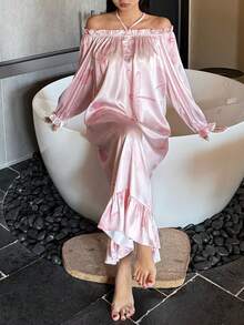 DAZY Romantic Dragonfly Print Satin Off-Shoulder Loose Women Nightgown - Pink - View 5