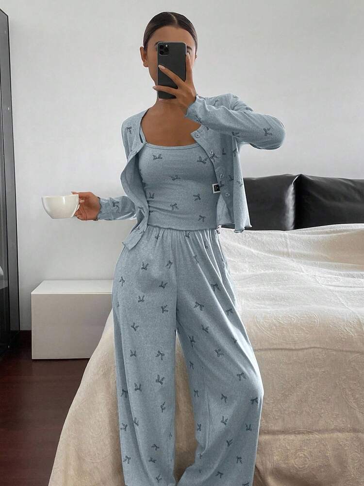 3pcs Bow Print All-Over Allover Print Cardigan, Camisole And Pants Women Pajama Set, Spring